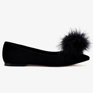$330 LARROUDE Lee Pompom Flat Black Suede POINTY BLACK BALLET 7.5 (TE8)
